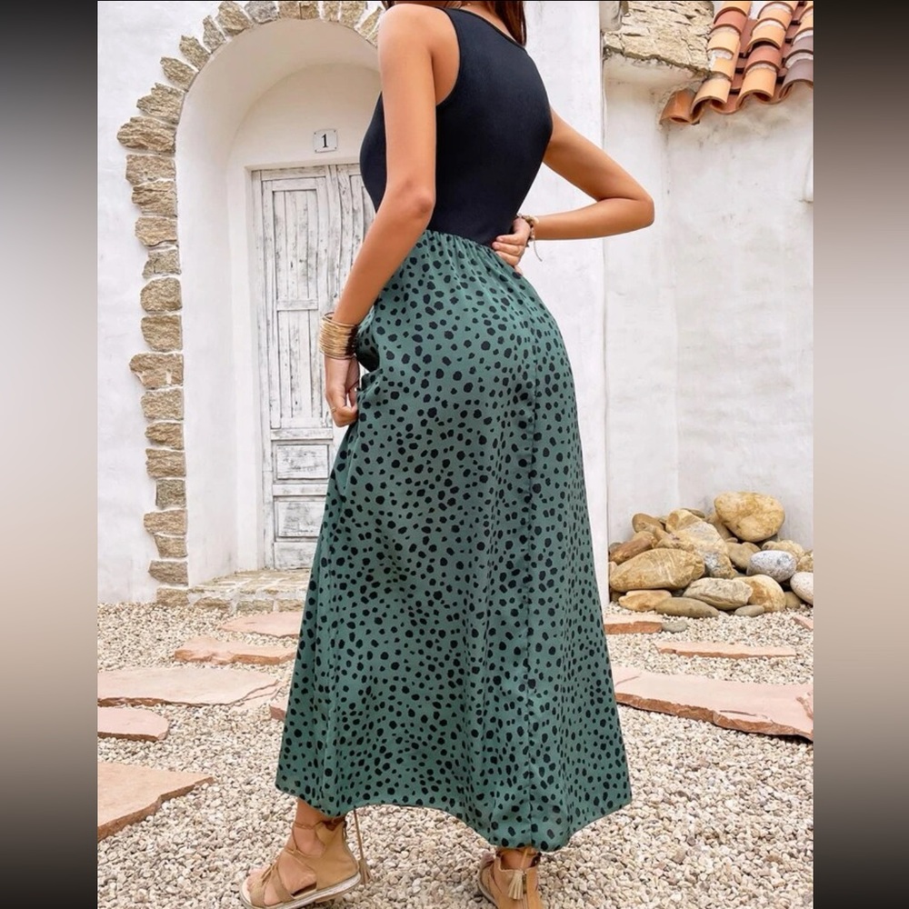 Boho Dalmatian print color block sleeveless maxi dress - Picture 7 of 15